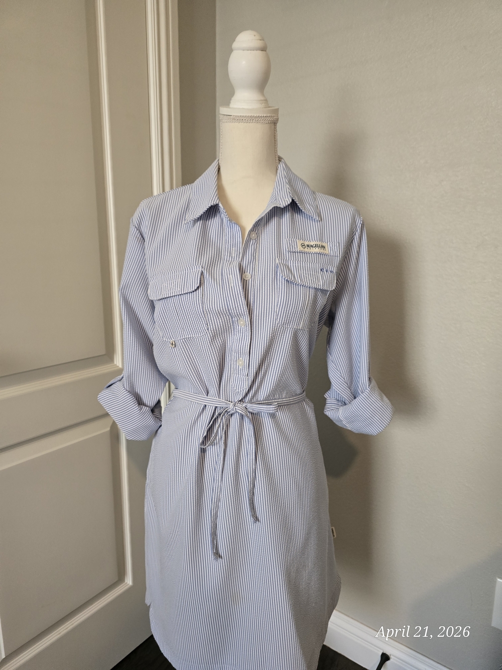 Magellan Outdoors Blue and White Striped Seersucker Shirt Dress